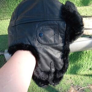Black Rabbit Fur trimmed Leather Trapper Hat by Paul Leinburd and Crowncap